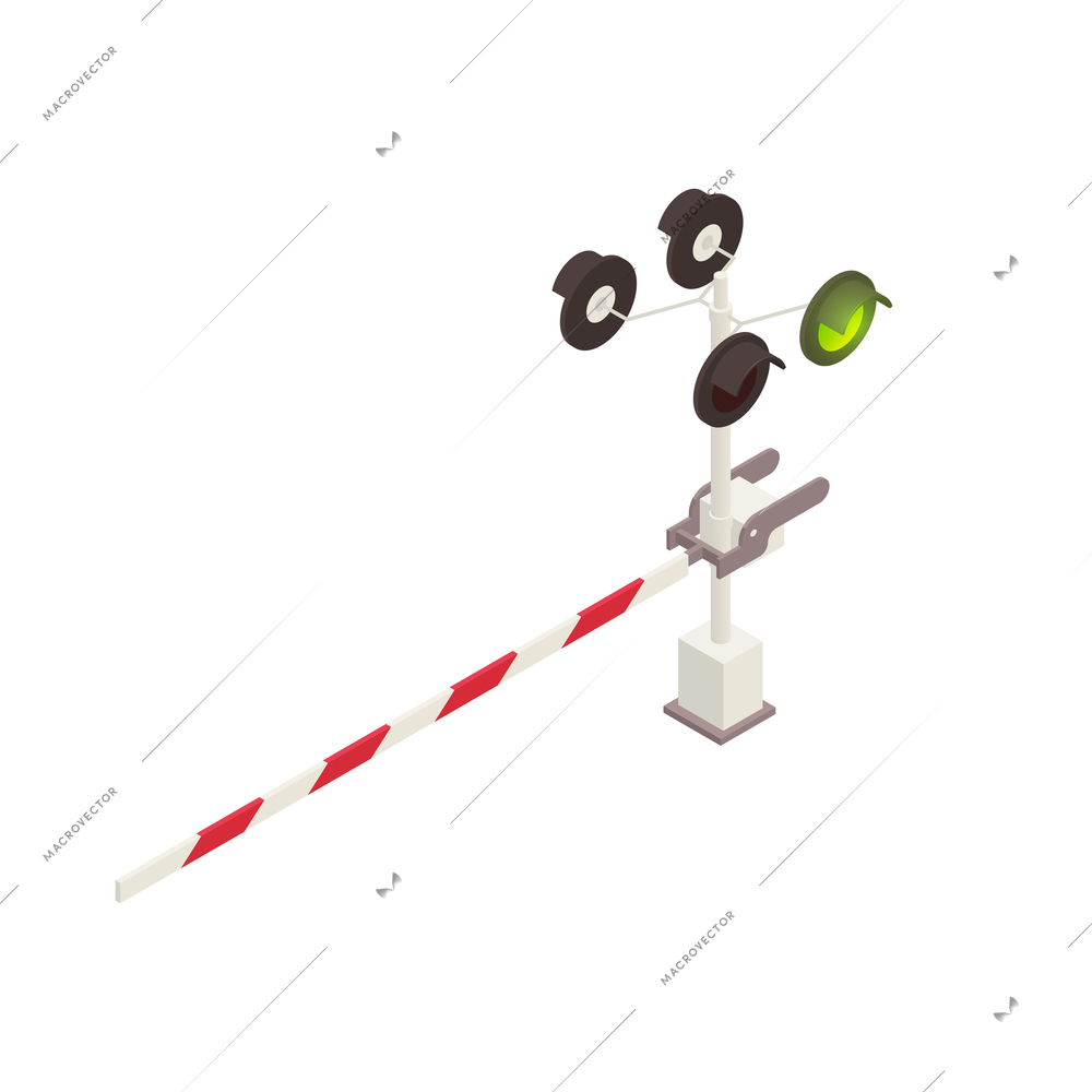 Isometric icon with railway crossing train barrier with green light 3d vector illustration