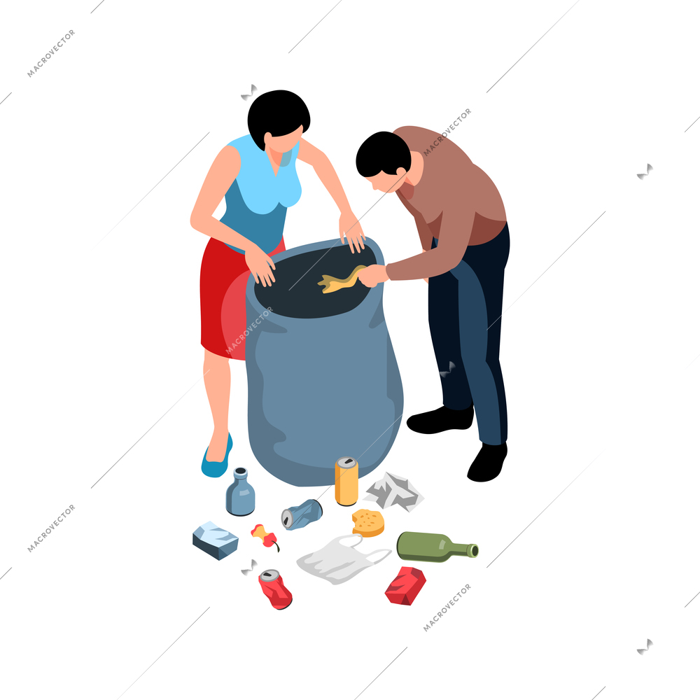 Isometric environmental pollution icon with two people collecting garbage 3d vector illustration