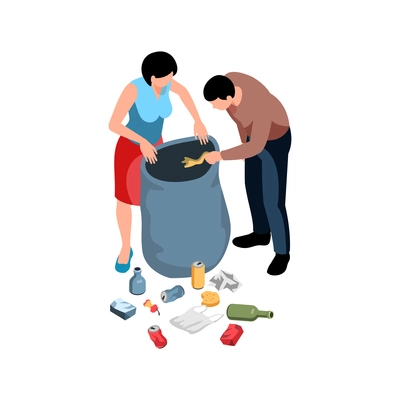 Isometric environmental pollution icon with two people collecting garbage 3d vector illustration