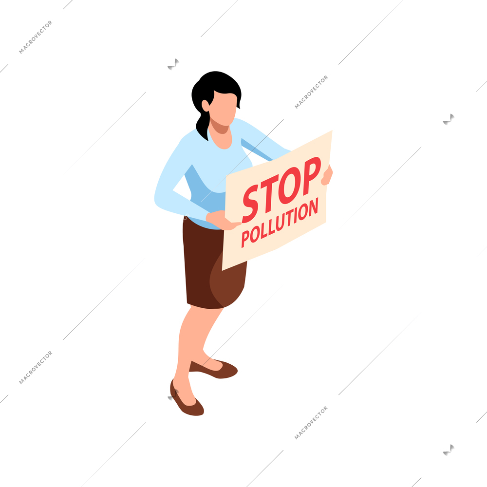 Ecology isometric icon with woman holding stop pollution placard 3d vector illustration