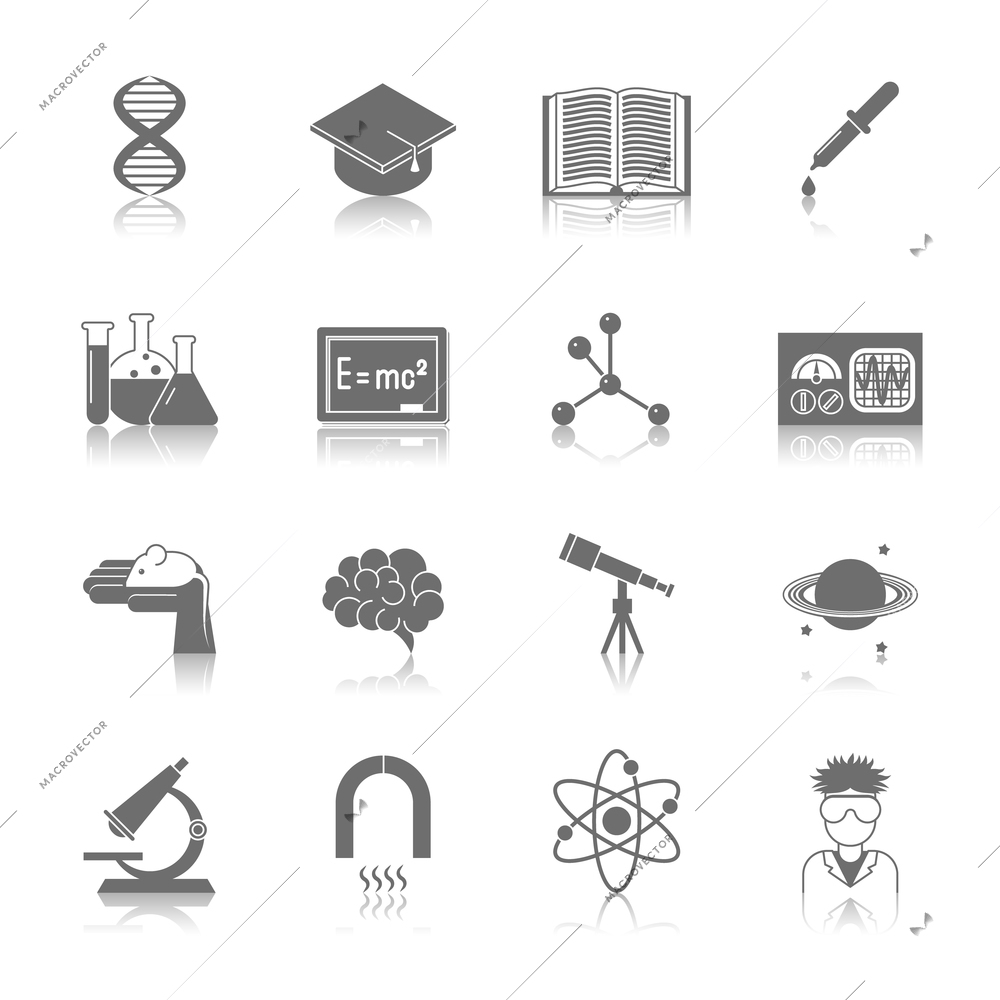 Science and research icon black set with dna graduation hat book isolated vector illustration