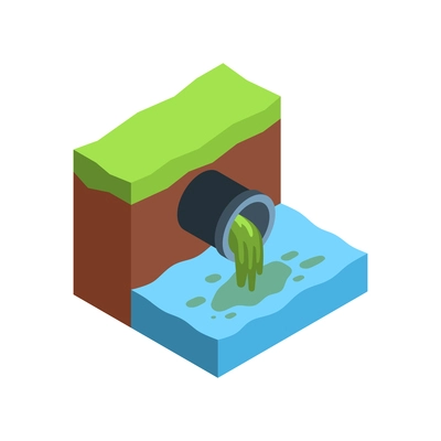 Water pollution isometric icon with toxic waste flowing out of industrial pipe into river 3d vector illustration