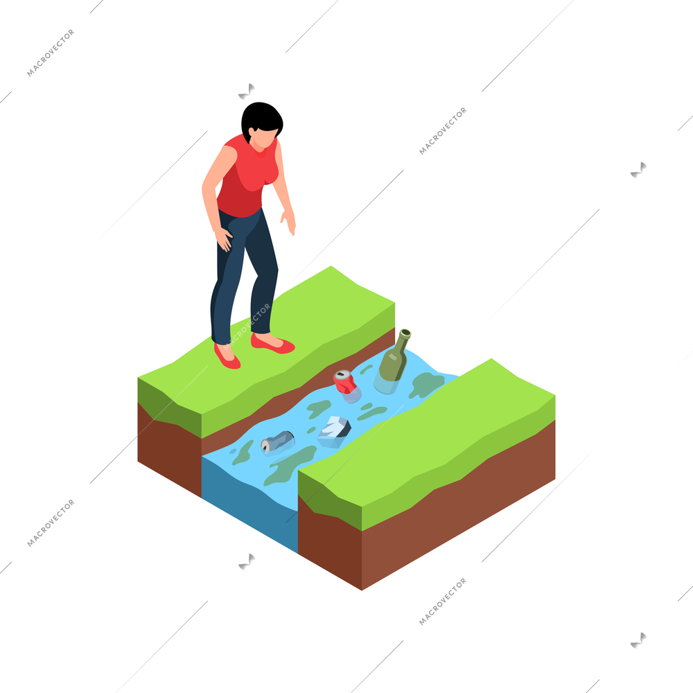 Environmental pollution icon with isometric character looking at garbage in water 3d vector illustration