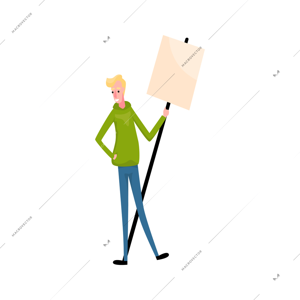 Flat character of activist with blank demonstration banner vector illustration