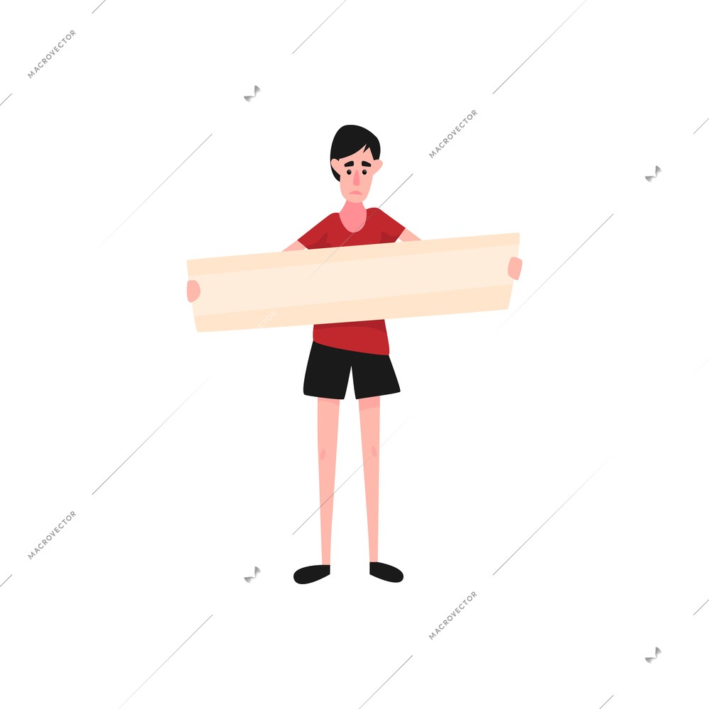 Flat icon with sad protesting man holding blank placard vector illustration