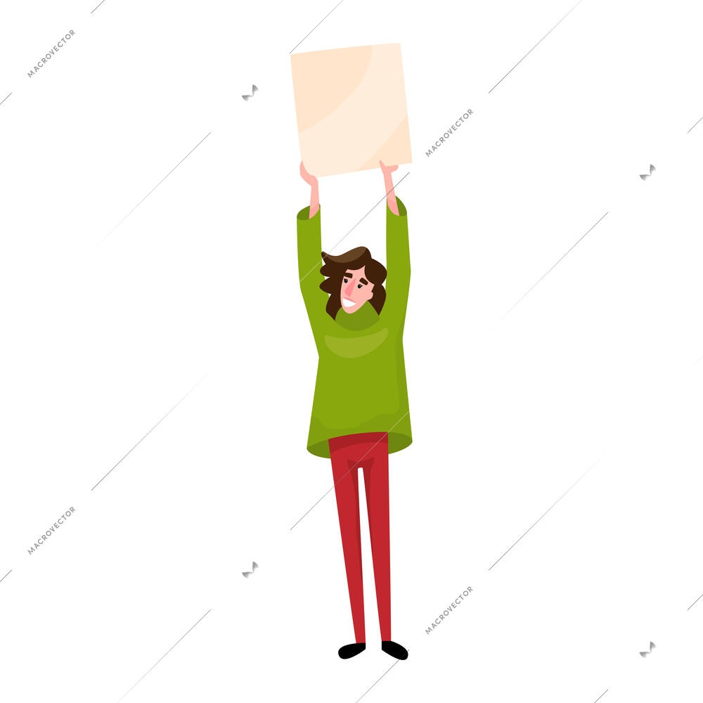Female protester holding blank placard flat vector illustration