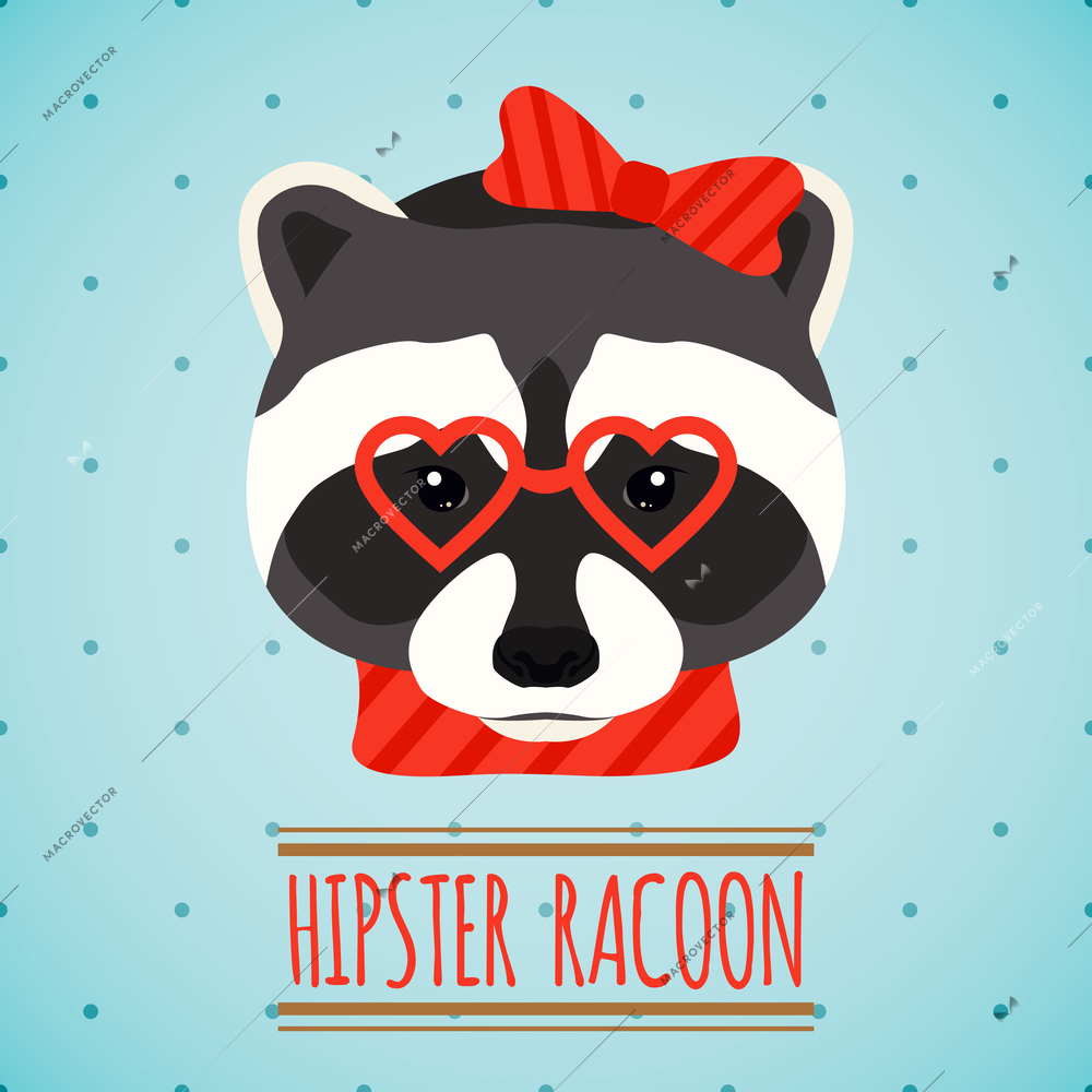 Animal raccoon with glasses and bow hipster character portrait vector illustration