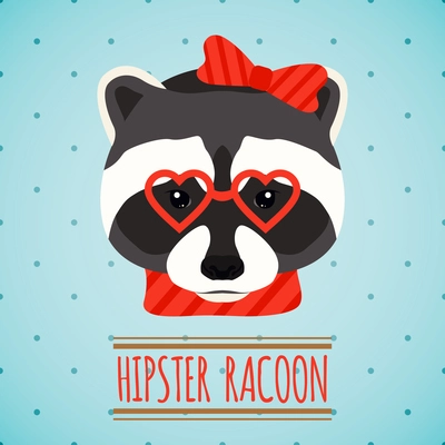 Animal raccoon with glasses and bow hipster character portrait vector illustration