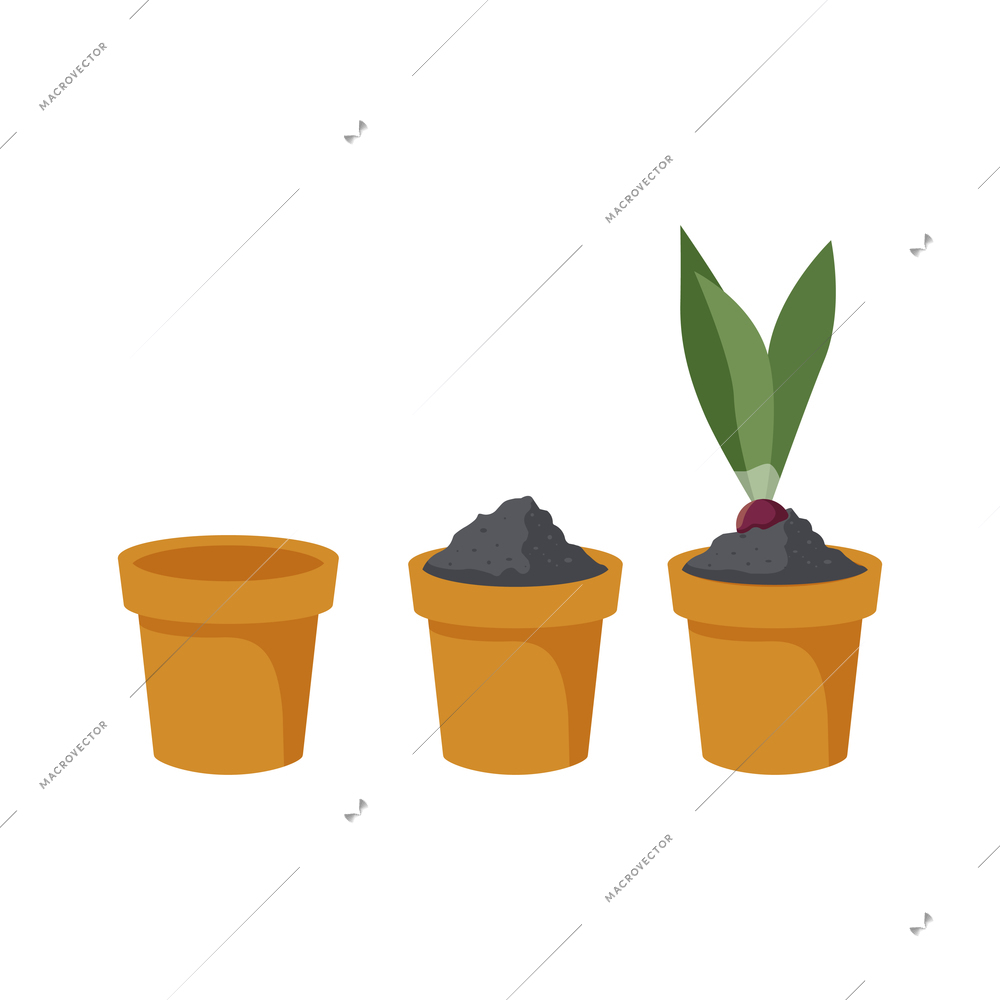 Three empty with soil and green seedling brown pots flat isolated vector illustration