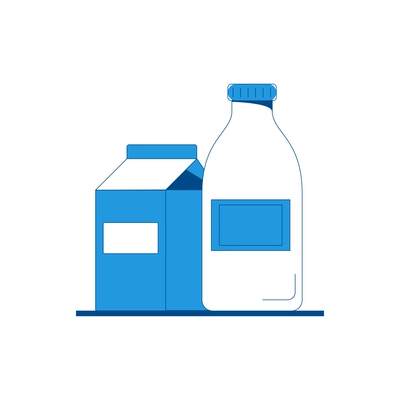 Flat white and blue icon with bottle and carton of milk vector illustration