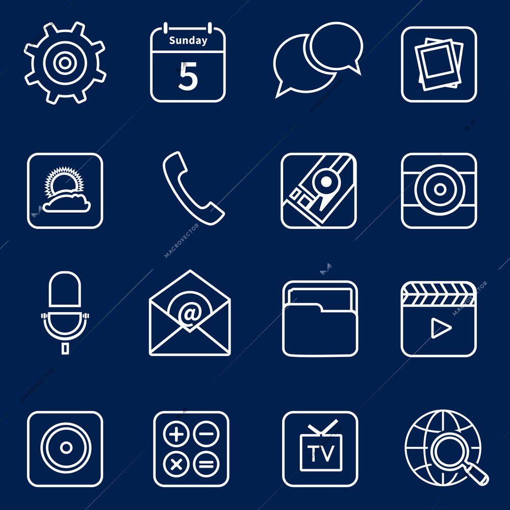 Mobile phone applications outline icons set of maps camera e-mail isolated vector illustration