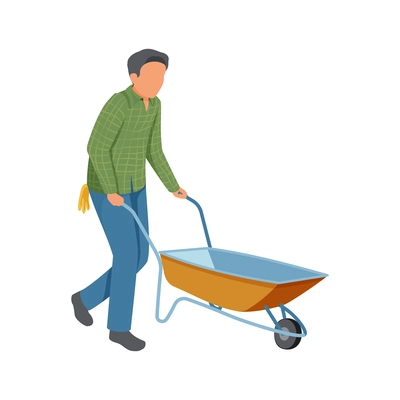 Gardening flat icon with man carrying wheelbarrow vector illustration