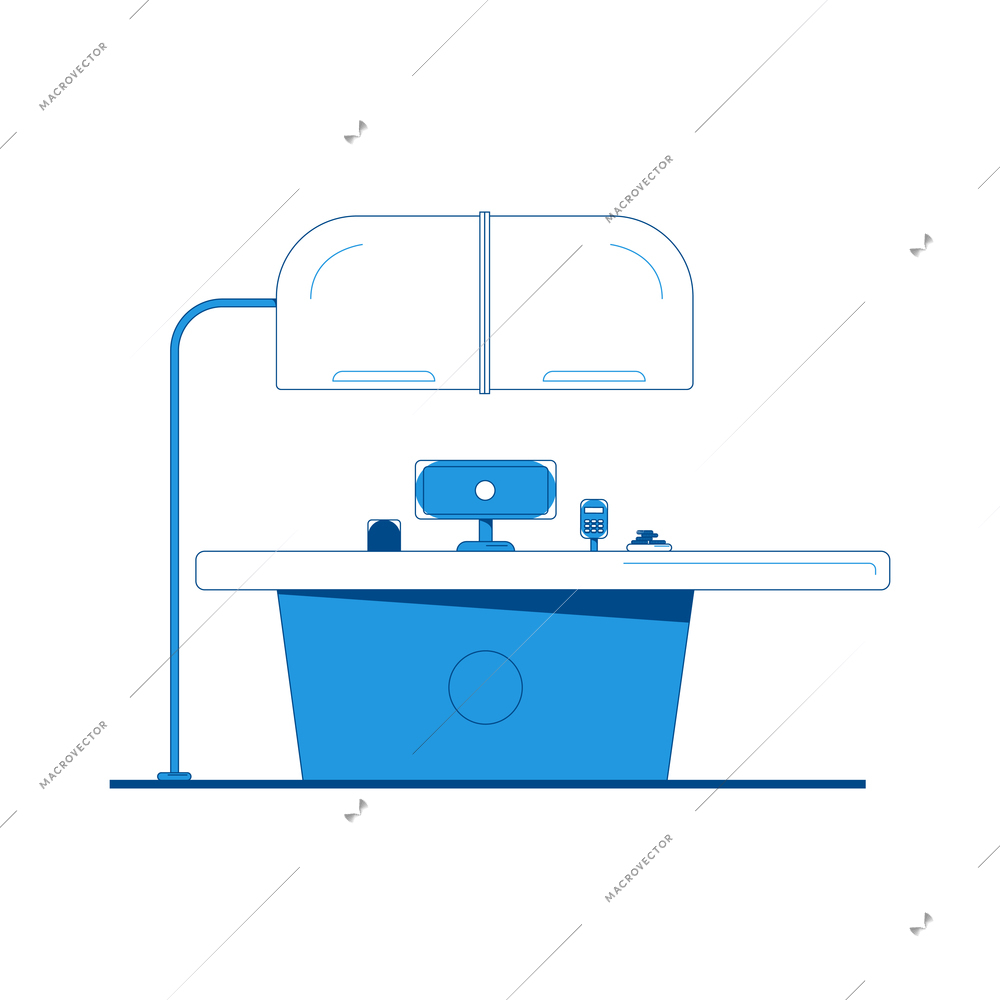 Supermarket store cashdesk in white and blue colors flat vector illustration