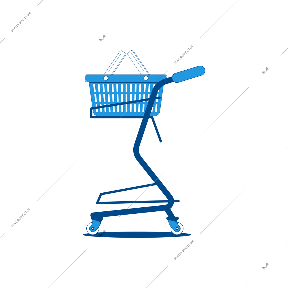 Supermarket trolley with shopping basket flat vector illustration