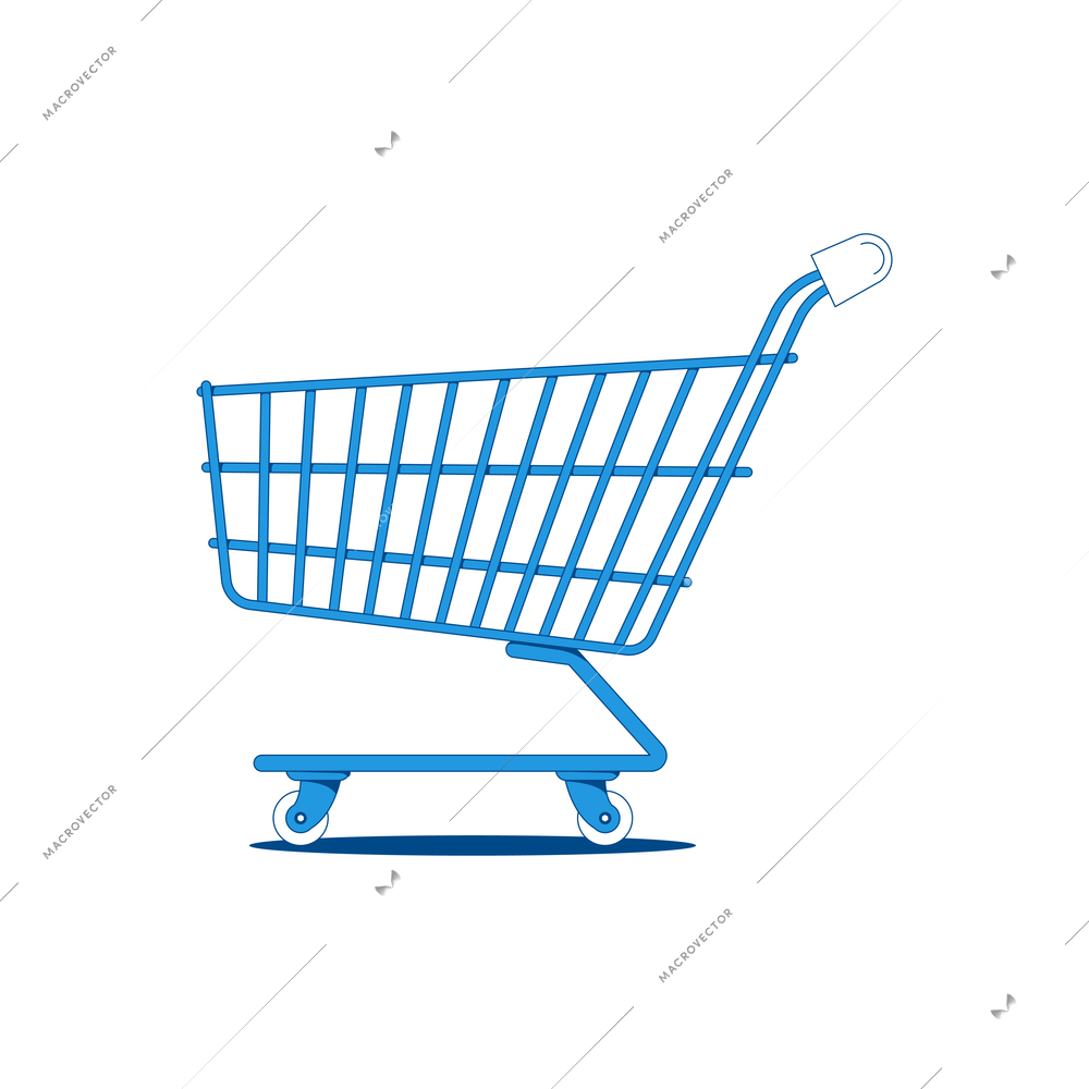 Empty supermarket trolley in blue color flat vector illustration