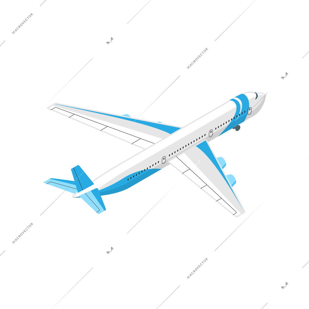 White and blue airplane taking off isometric vector illustration