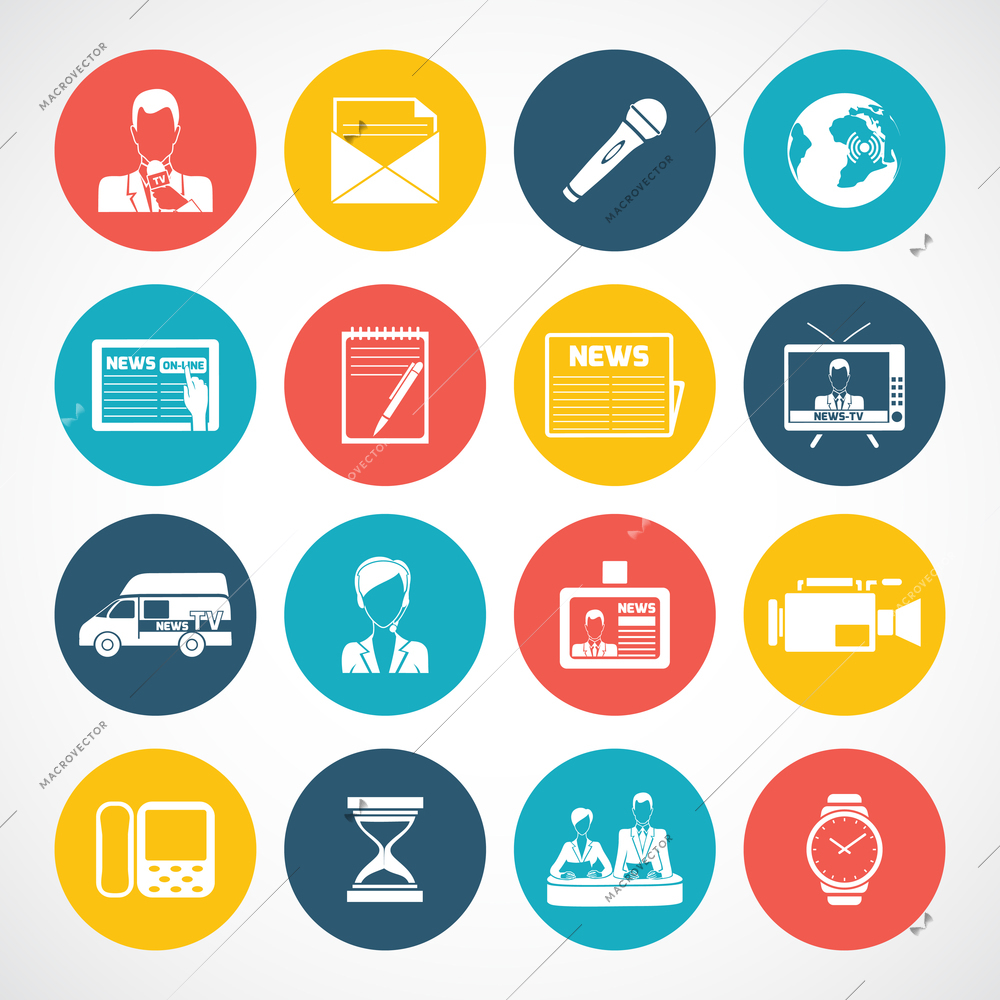 Media news icons set with television internet broadcasting technology isolated vector illustration
