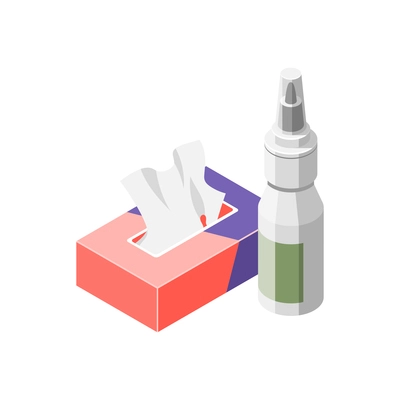 Flu cold treatment isometric icon with runny nose spray and box of tissues 3d vector illustration