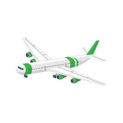 Isometric icon with white and green passenger plane 3d vector illustration