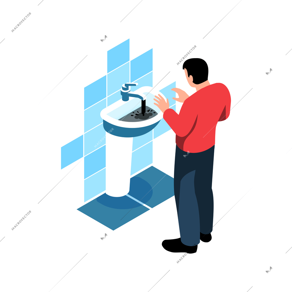 Water pollution icon with human character and oil pouring from sink tap isometric vector illustration