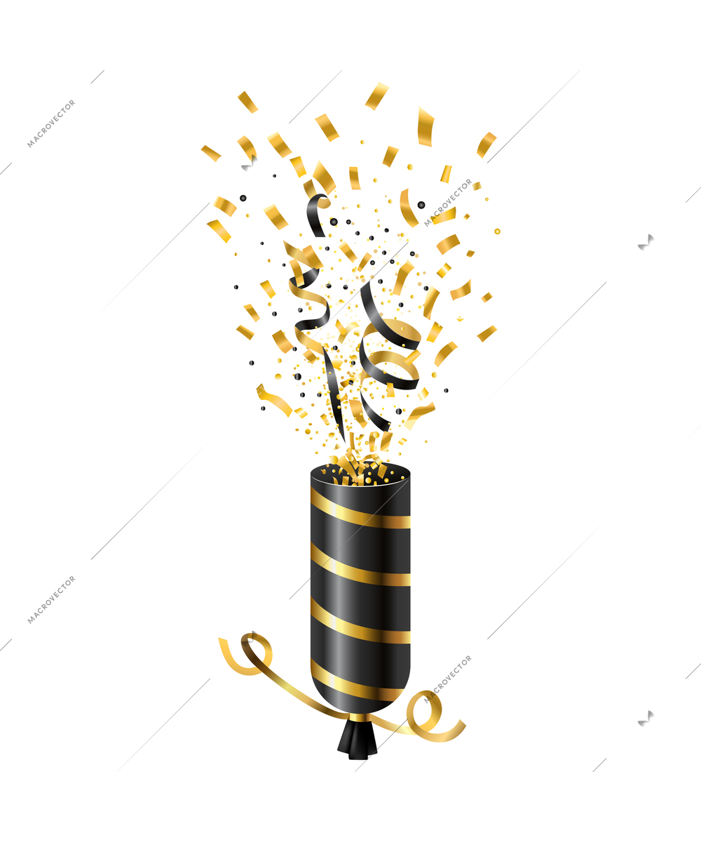 Exploding black and golden party popper on white background realistic vector illustration