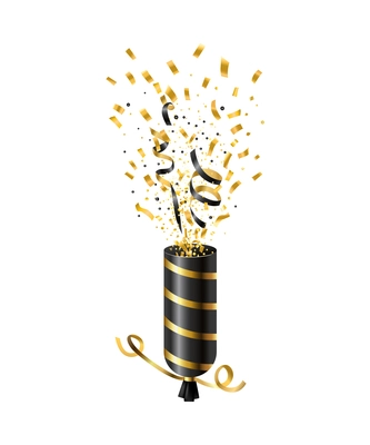 Exploding black and golden party popper on white background realistic vector illustration