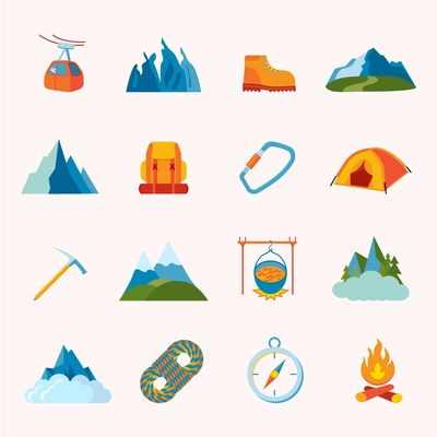 Mountain hiking climbing skiing equipment icons flat set isolated vector illustration