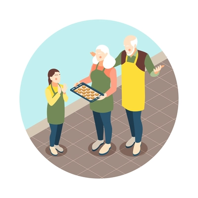 Grandparents giving homemade biscuits to granddaughter isometric composition vector illustration