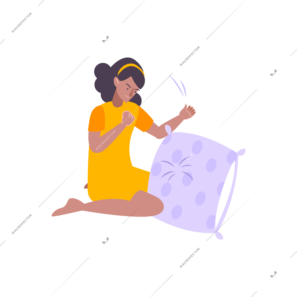 Angry woman coping with stress by beating pillow flat icon vector illustration