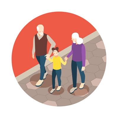 Isometric composition with elderly grandparents walking with their granddaughter 3d vector illustration