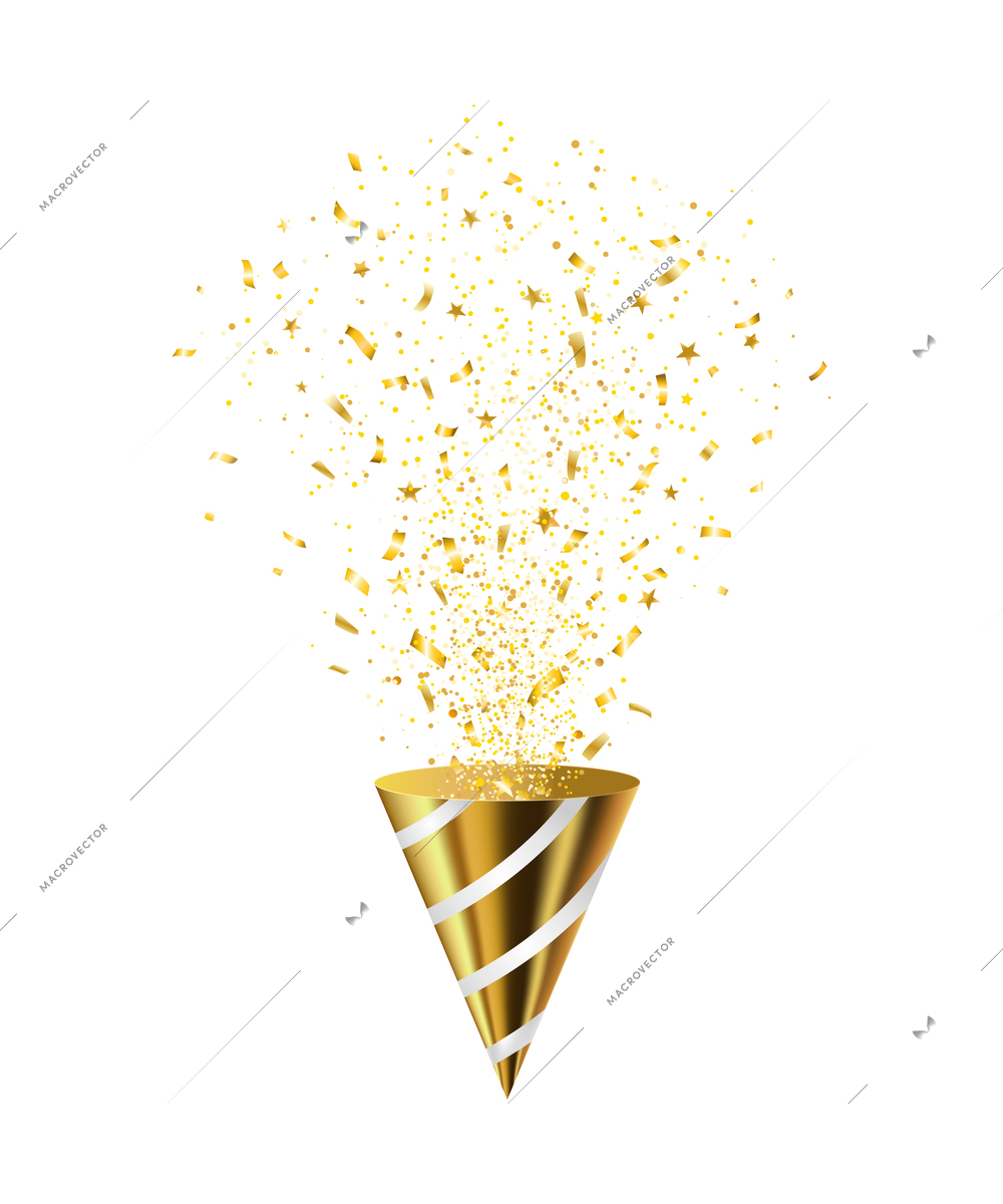 Realistic party popper exploding with shiny golden serpentine vector illustration