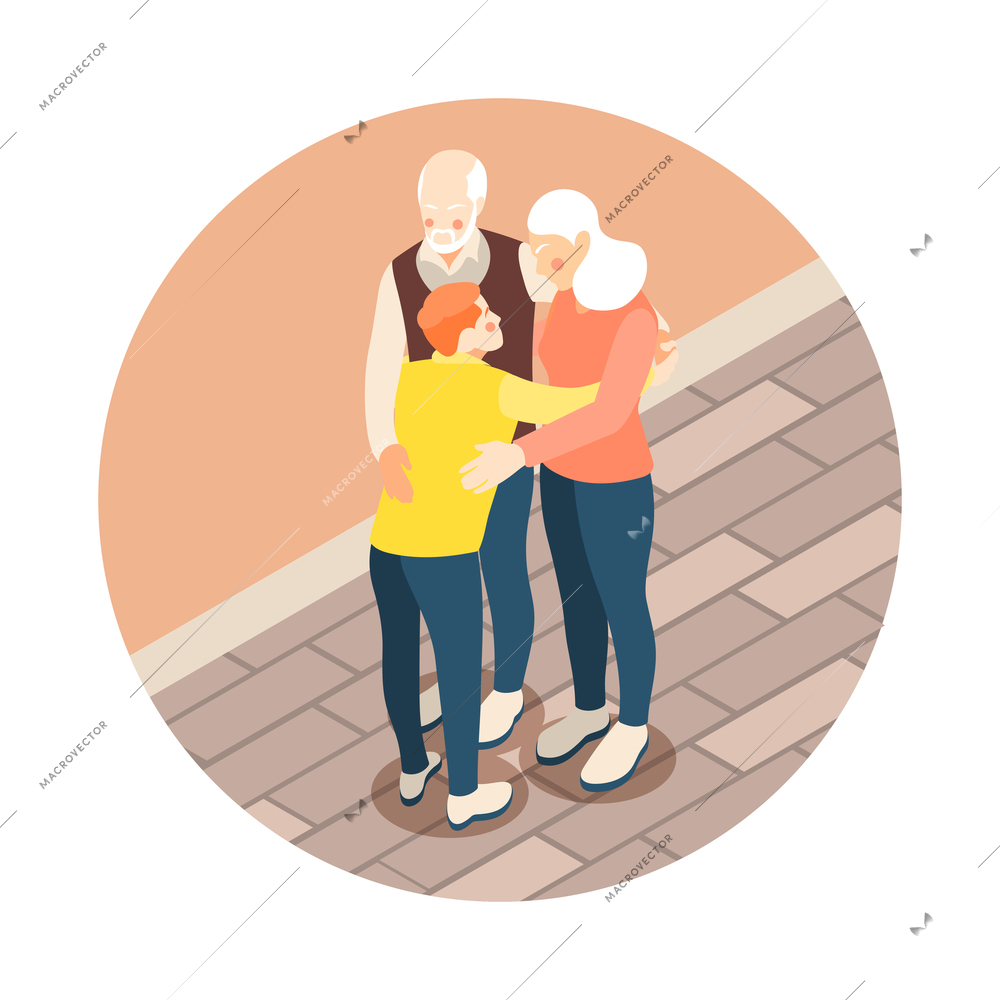 Grandparents hugging their grandson isometric composition 3d vector illustration