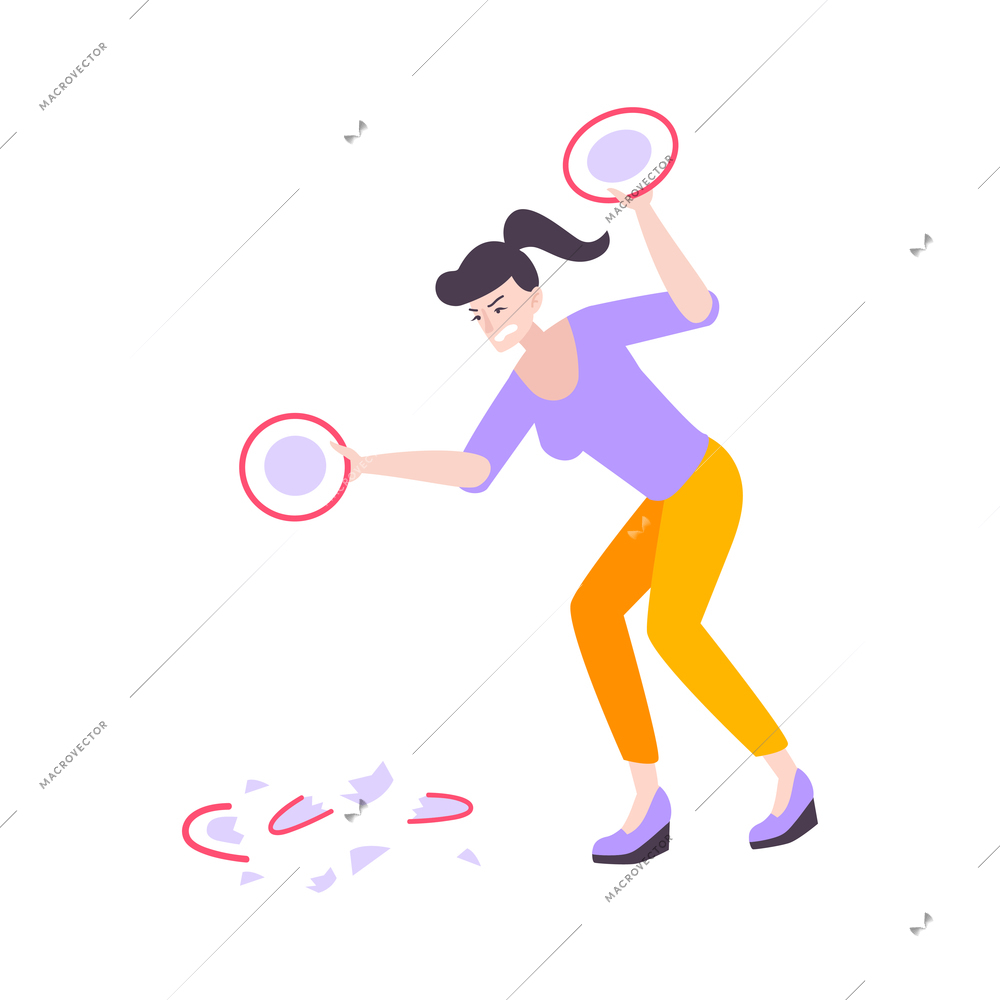 Flat icon with woman breaking dishes trying to handle stress vector illustration