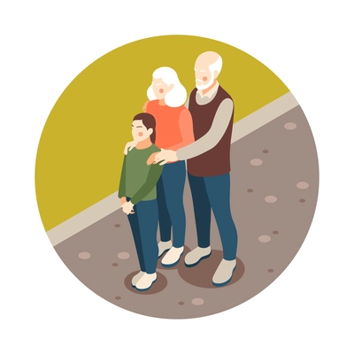 Isometric round composition with grandparents and their granddaughter 3d vector illustration