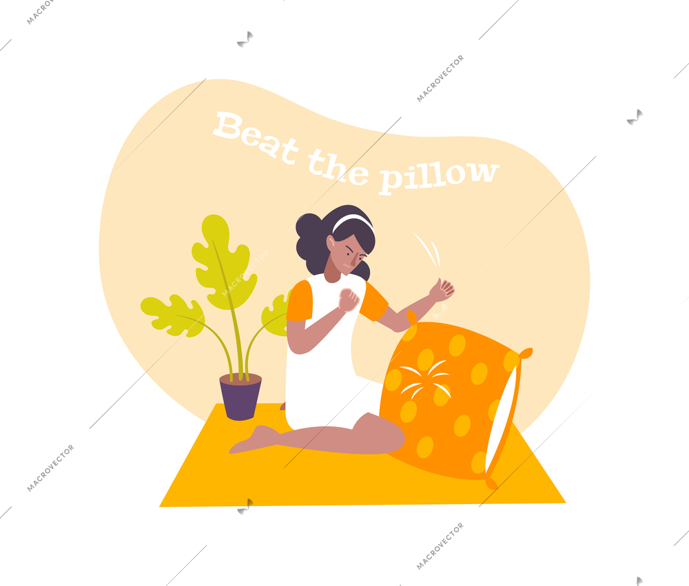 Woman handling stress by beating pillow flat composition vector illustration