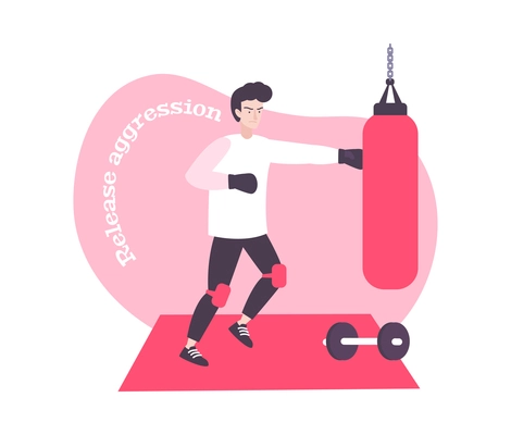 Stress flat composition with man releasing aggression by doing boxing vector illustration