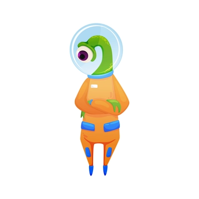 Cute green alien with one eye wearing orange spacesuit cartoon vector illustration