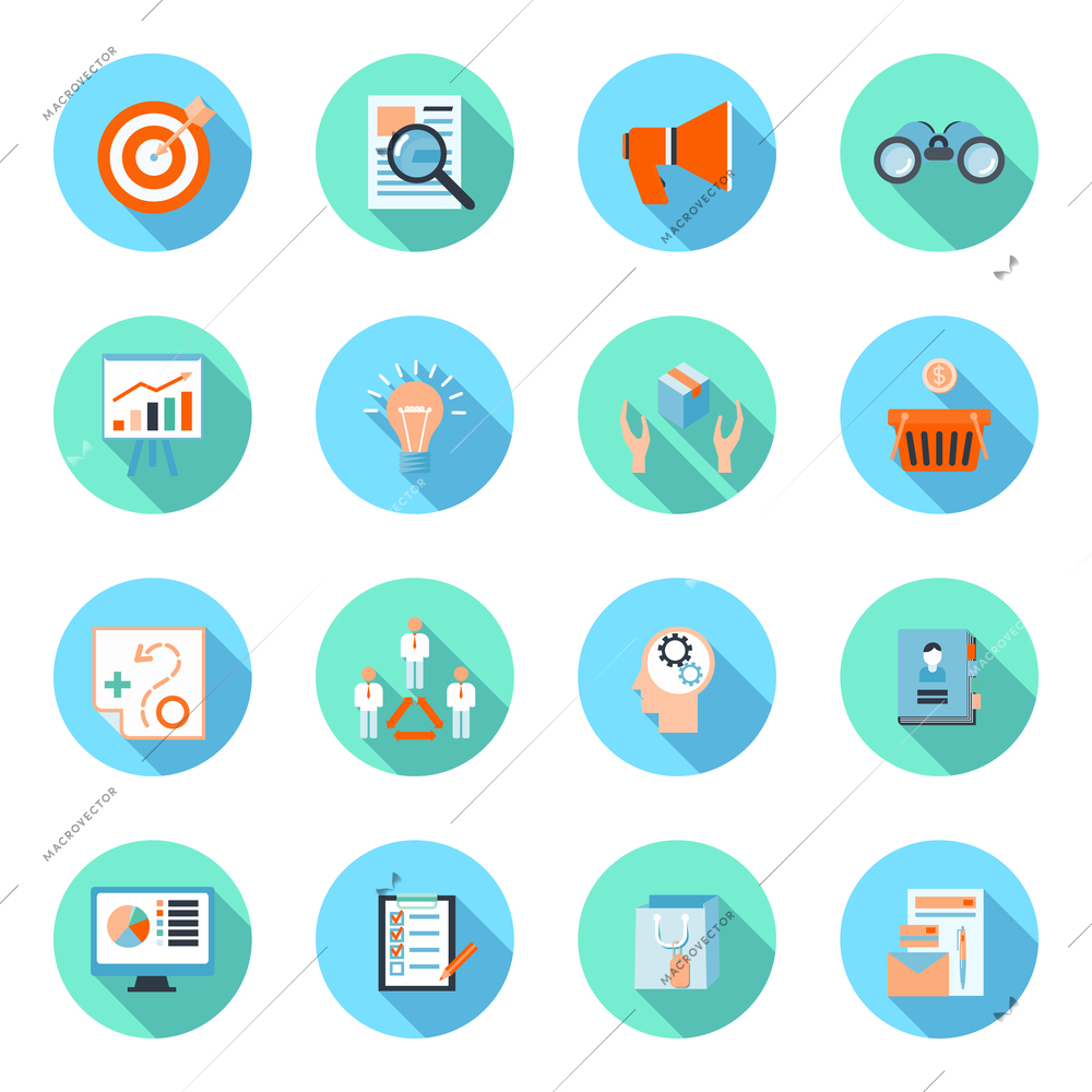 Marketer flat icons set with advertising effectiveness brand analytics product marketing isolated vector illustration