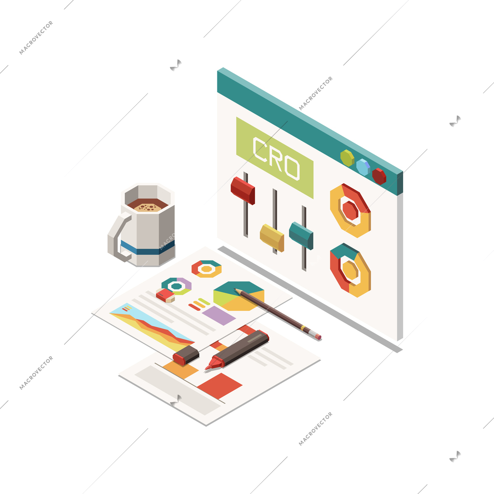 Marketing strategy isometric concept icon with 3d desktop element and colorful diagrams vector illustration