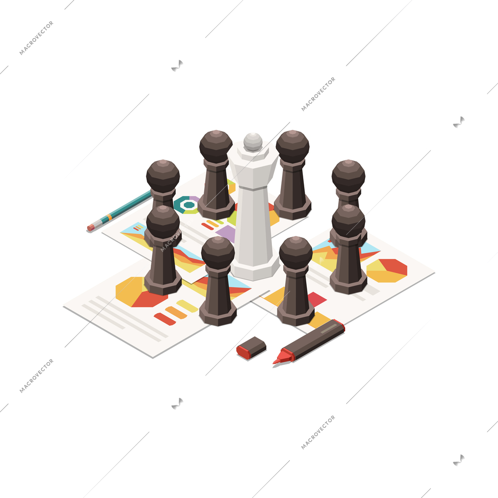 Marketing strategy concept icon with chess pieces and papers with graphs isometric vector illustration