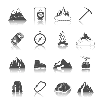 Mountain icons black set with peak campfire axe rope isolated vector illustration