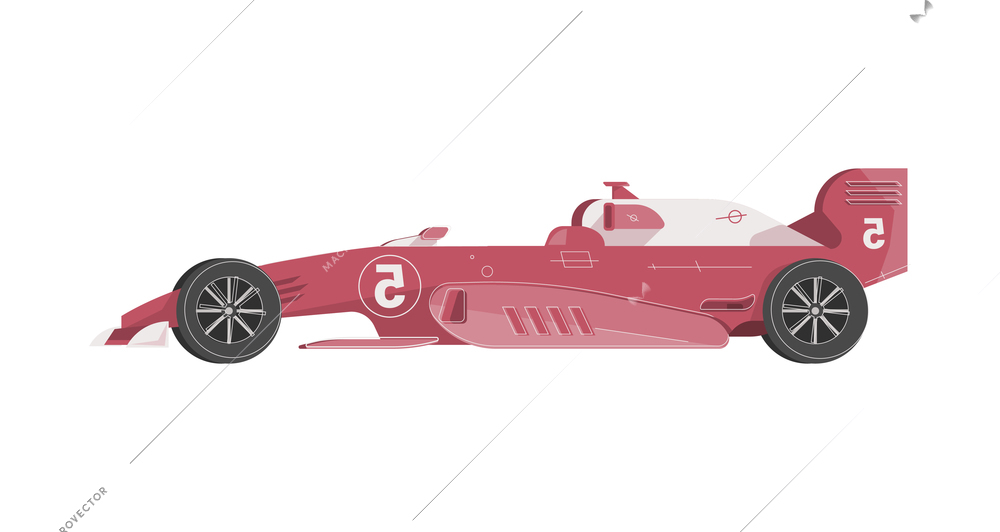 Flat red racing car with number five side view mirror image vector illustration