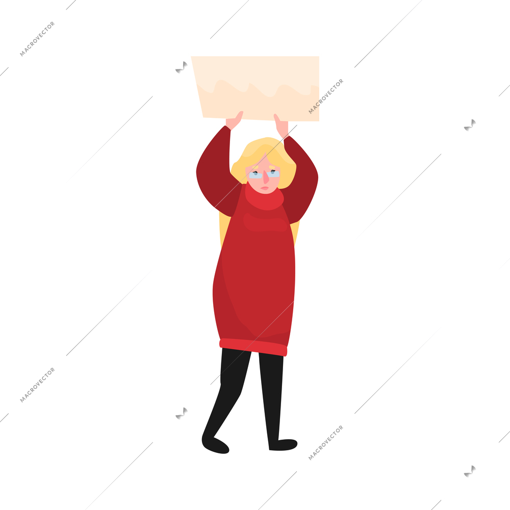 Sad protesting woman holding placard above her head flat vector illustration