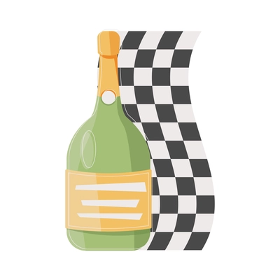 Race finish flat icon with bottle of champagne and checkered flag vector illustration