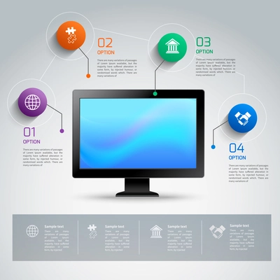 Computer monitor 3d infographic template with business options buttons vector illustration