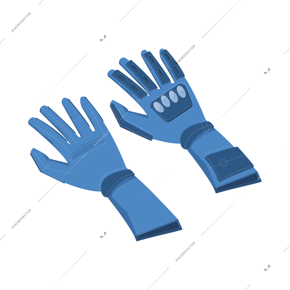 Flat pair of racing gloves in blue color isolated vector illustration