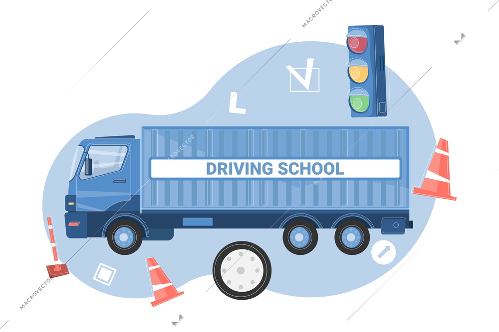 Driving school flat composition with truck road cones traffic lights vector illustration