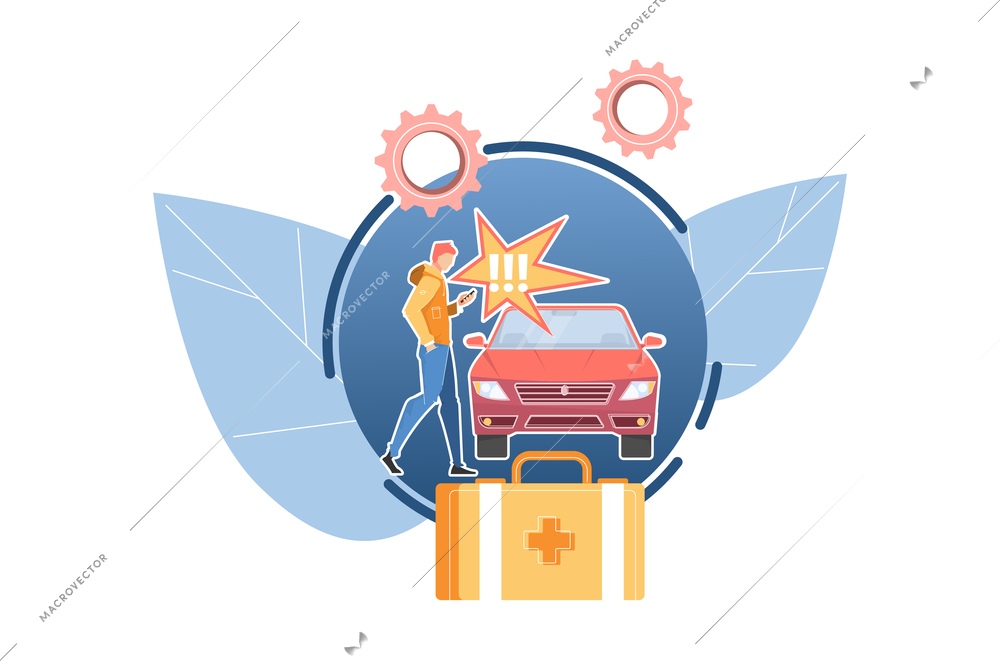 Car accident concept with pedestrian going to be hit on road flat vector illustration