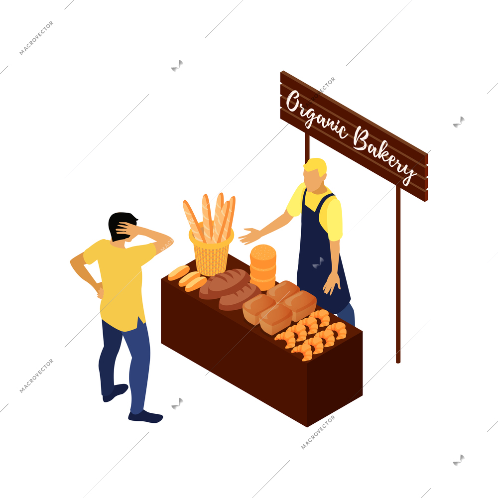 Organic bakery market stall with vendor selling fresh bread and pastry isometric vector illustration