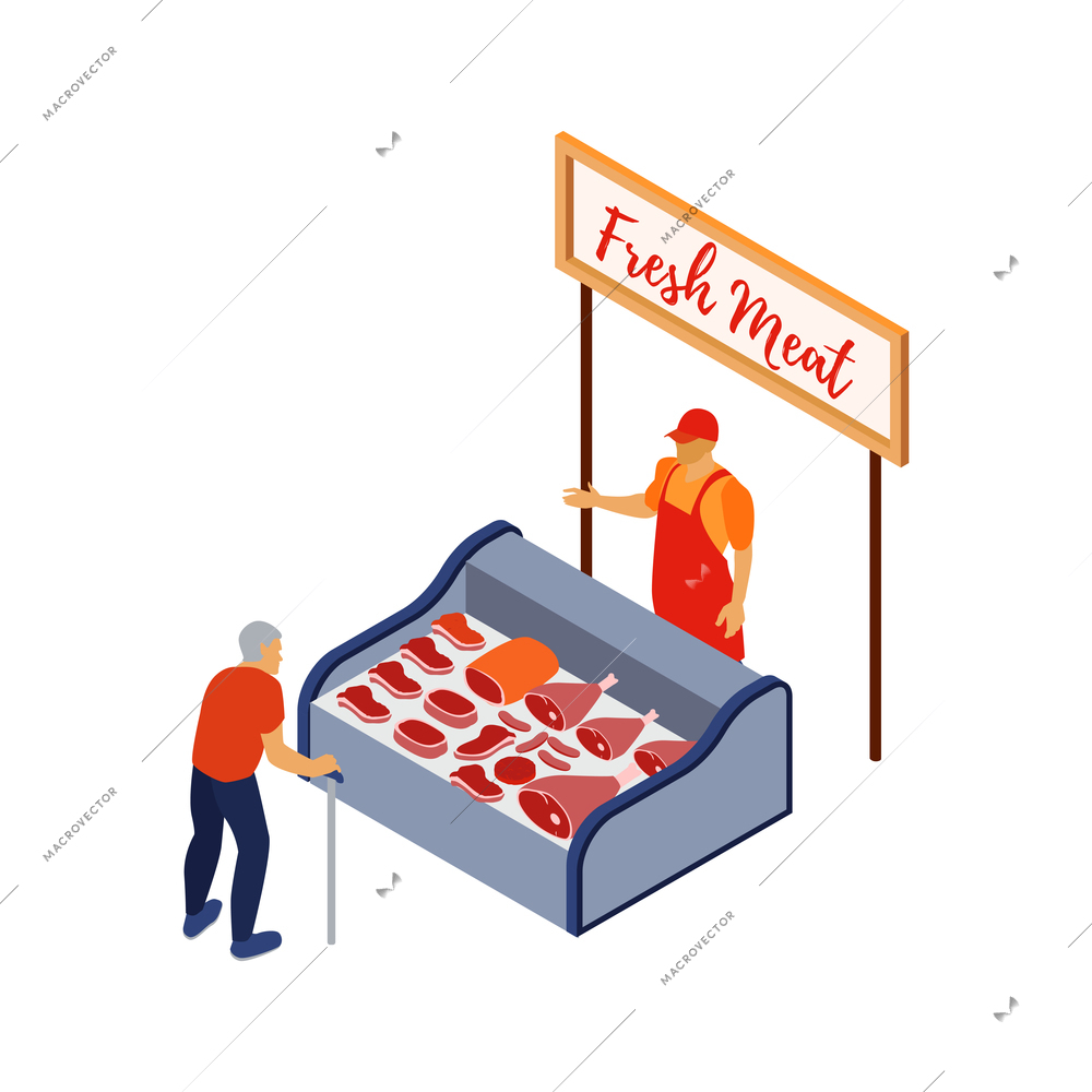 Isometric local market icon with elderly man buying fresh meat 3d vector illustration